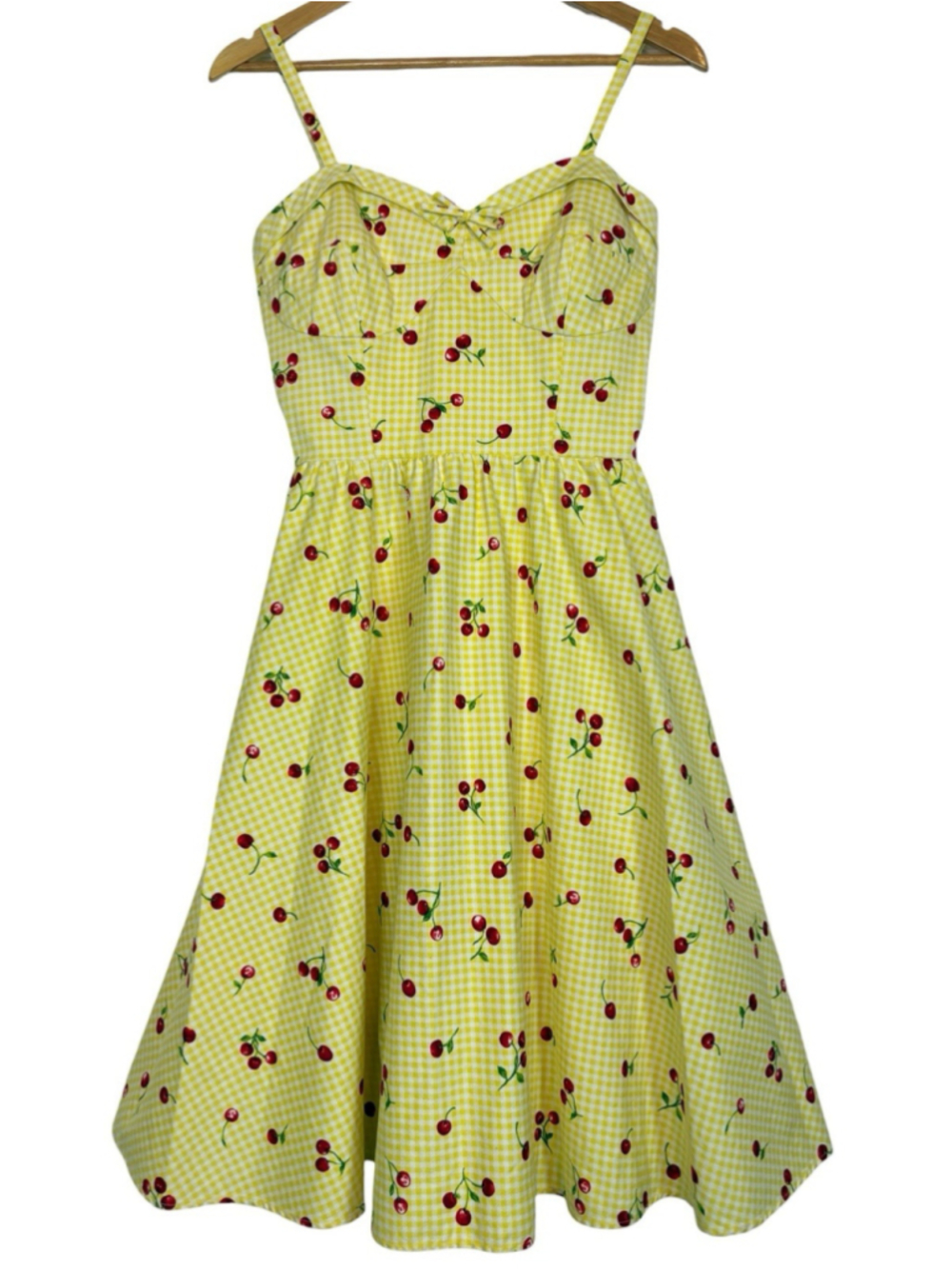 Stop Staring Cherry Gingham Fit & Flare Pin Up Midi Dress Sz L Made in USA Retro